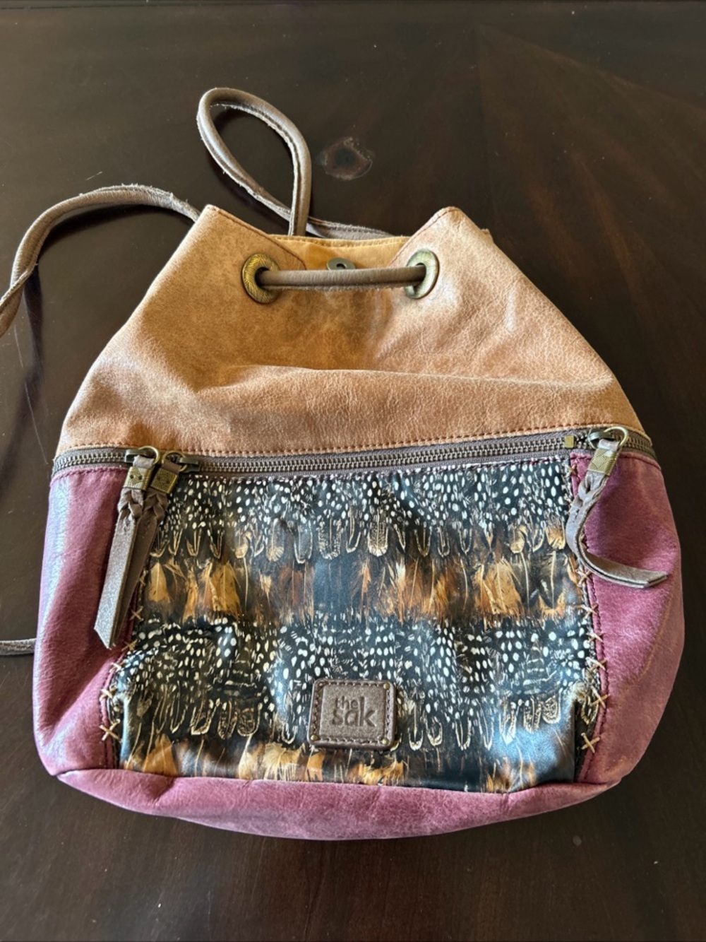 The Sak Backpack Drawstring Feather Design Leather Purse Bag Women's